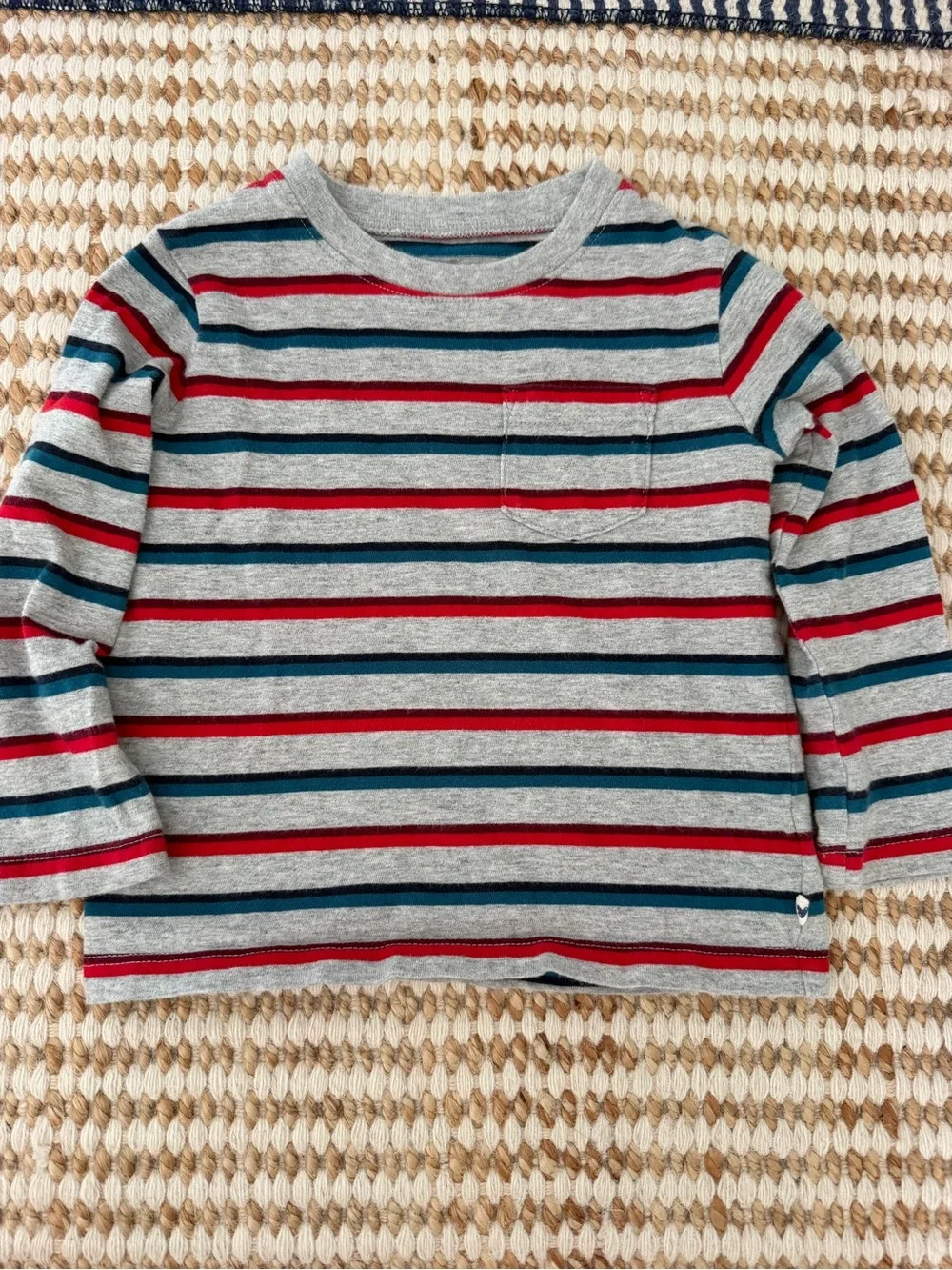 GAP Gray Long-Sleeve Tee with Red & Blue Stripes